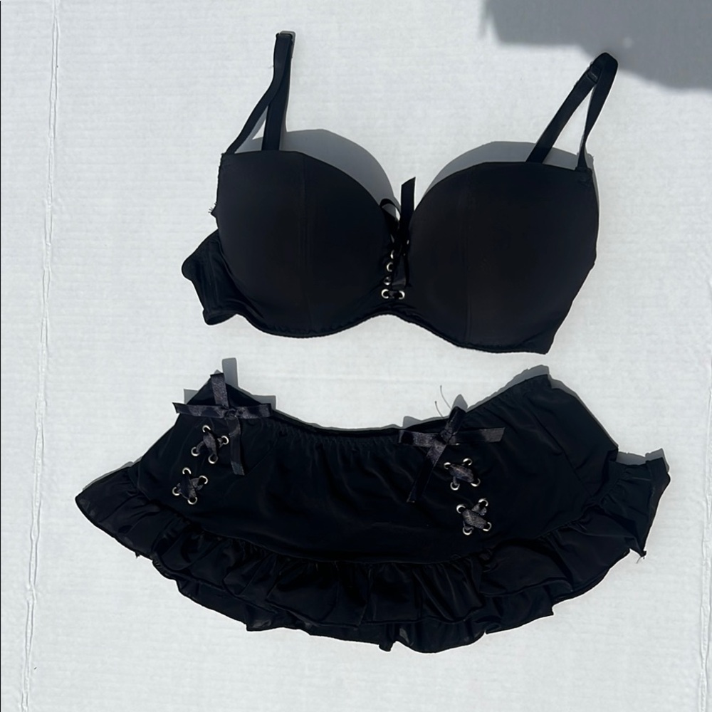 Black Lace-Up Bra And Thong Bottoms. Bra is 34B, Bottoms Size S